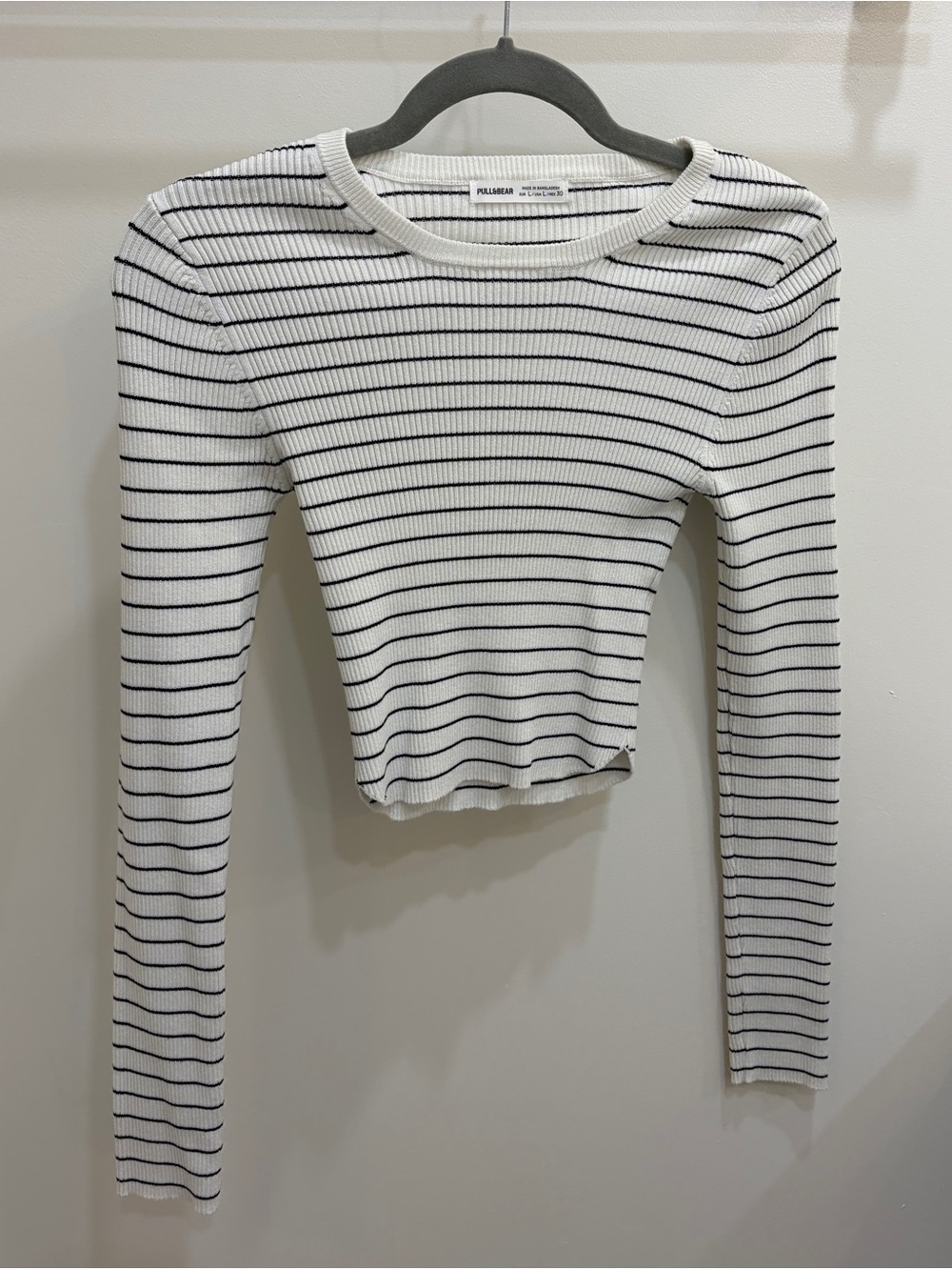 Pull&Bear White with Black Narrow Stripe Ribbed Long Sleeve Top